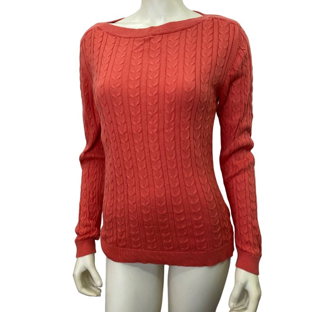 TOMMY HILFIGER BOAT NECK CABLE KNIT COTTON SWEATER SM
